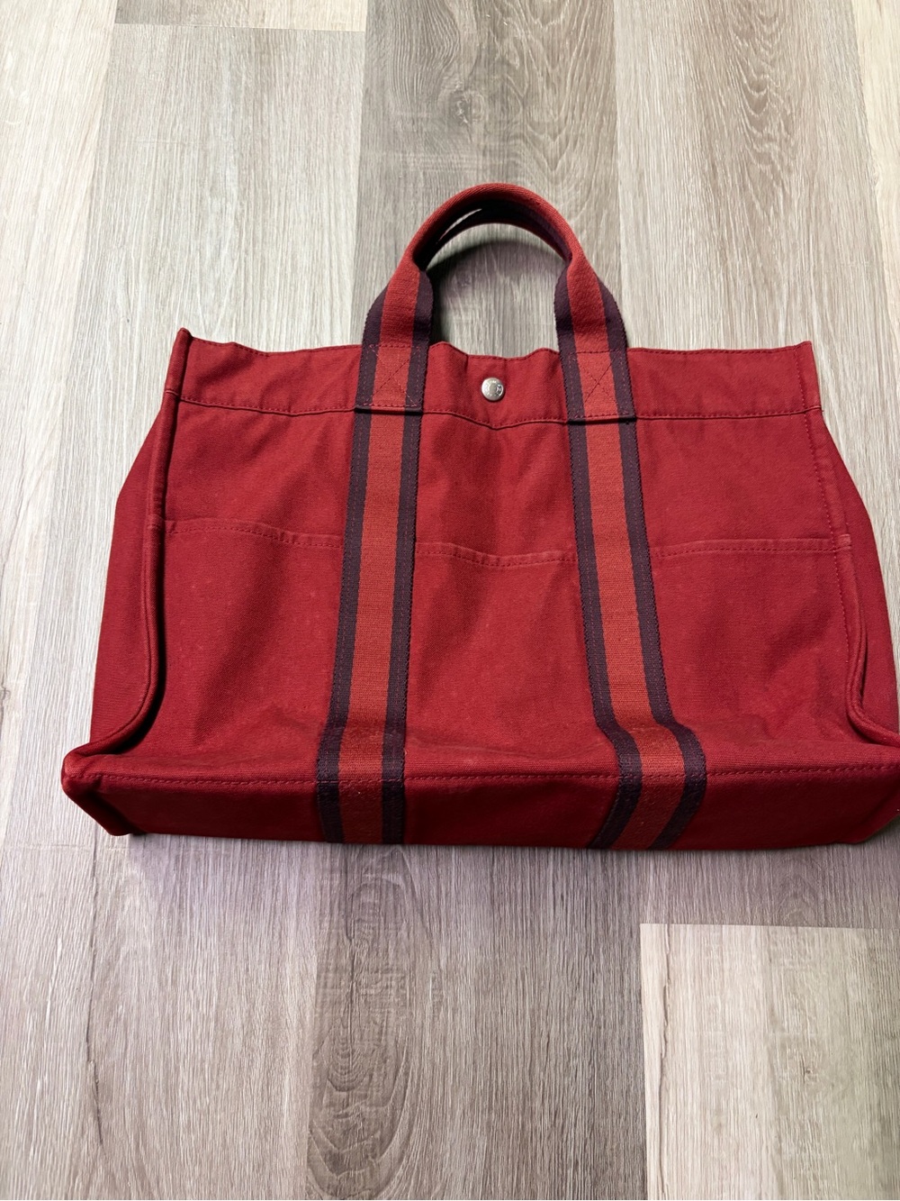 Hermes Red Tote Bag with Dark Stripe Handles